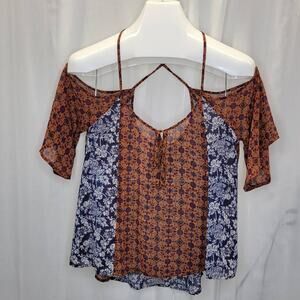 Intu Sheer Patchwork Floral Blouse w. Cris Cross Straps and Drop Sleeves, M